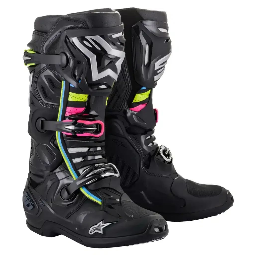 Alpinestar Tech 10 Vented Boots with pink, blue, green, and black colors